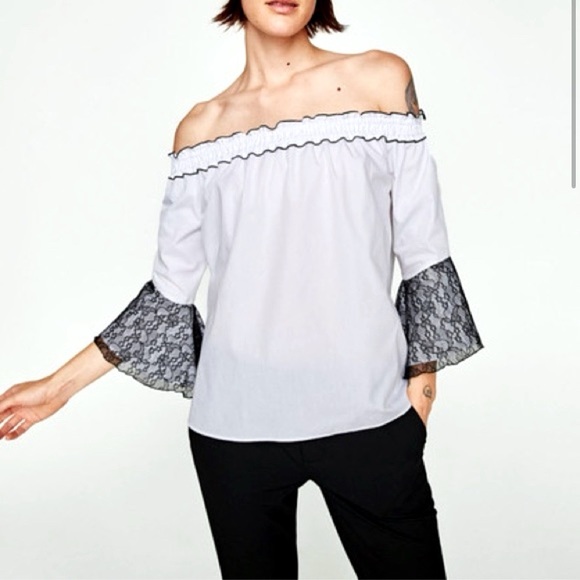 π² ZARA BOHO WHITE BLACK LACE BELL SLEEVE LOOSE FIT OPEN SHOULDER RUFFLE TOP! - Picture 16 of 16